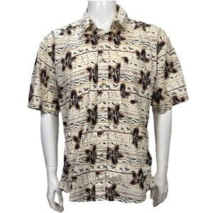Vintage Hawaiian Shirt Crossings Large Tropical Floral Camp Beige 100% Cotton‎